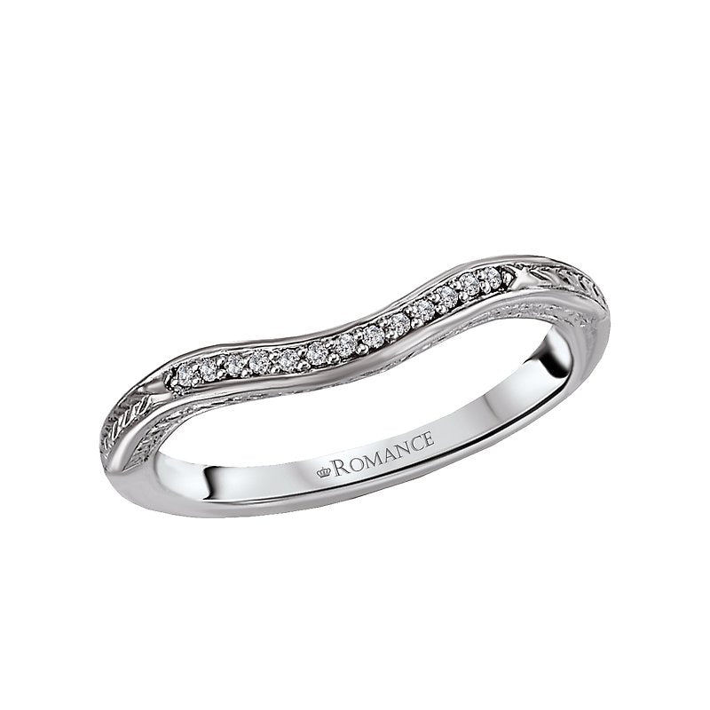 Orbelle Curved 14K White Gold Wedding Band with Engraved Detail and Diamonds