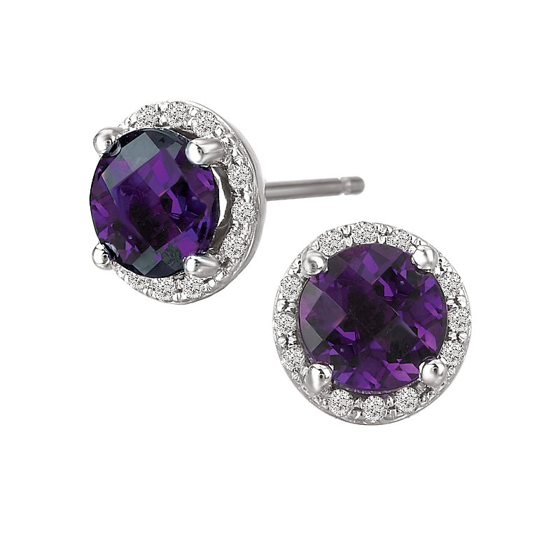 Luxora Amethyst and Diamond Halo Earrings in 14K White Gold