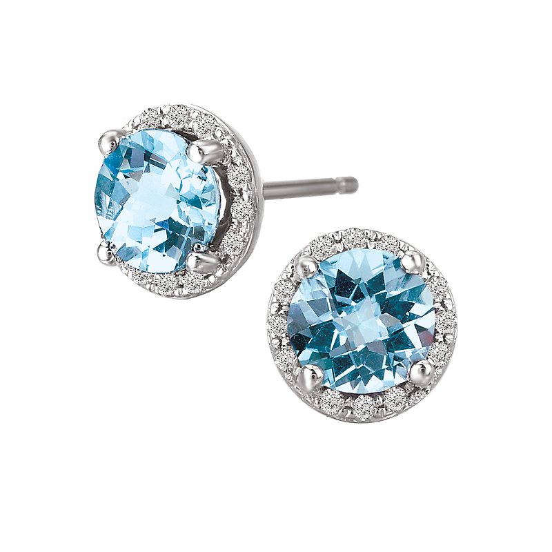 Luxora Blue Topaz and Diamond Halo Earrings in 14K White Gold