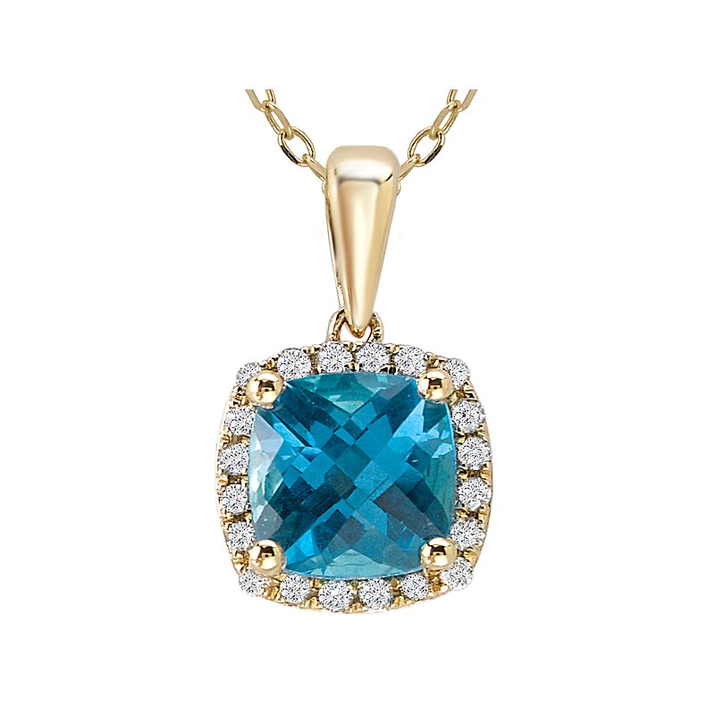 Luxora Diamond Halo Blue Topaz Pendant in 14K Yellow Gold