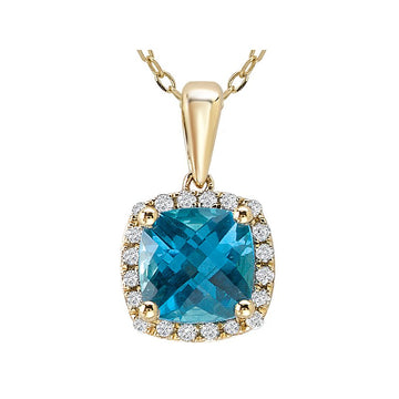Luxora Diamond Halo Blue Topaz Pendant in 14K Yellow Gold
