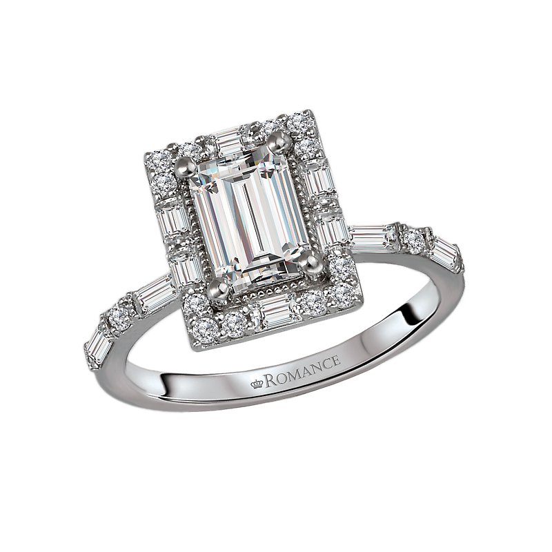 14K White Gold Halo Diamond Engagement Ring Semi-Mount for 7x5mm Emerald Cut