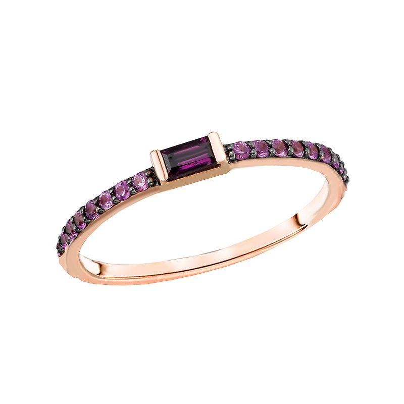 Luxora 14k Rose Gold Rhodolite Garnet Baguette Fashion Ring with Pink Sapphire Accents