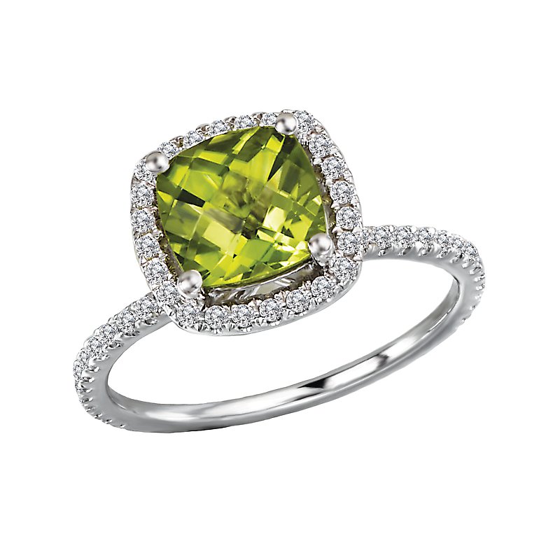 Luxora Halo Peridot Ring in 14K White Gold with Diamond Halo (D.1/4 CTW)