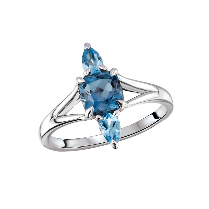 Luxora 14K White Gold Ladies Fashion Ring with Pear and Cushion Shaped Light Blue Topaz