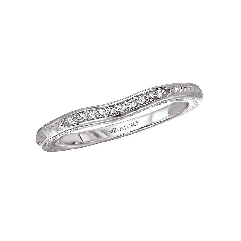 Orbelle Curved 18K White Gold Wedding Band with Engraved Details and Diamonds
