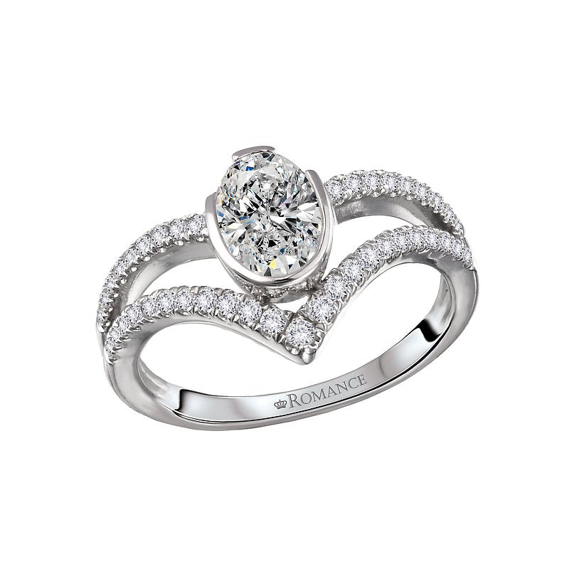 Orbelle 14K White Gold Split Shank V-Curve Oval Semi-Mount Diamond Ring