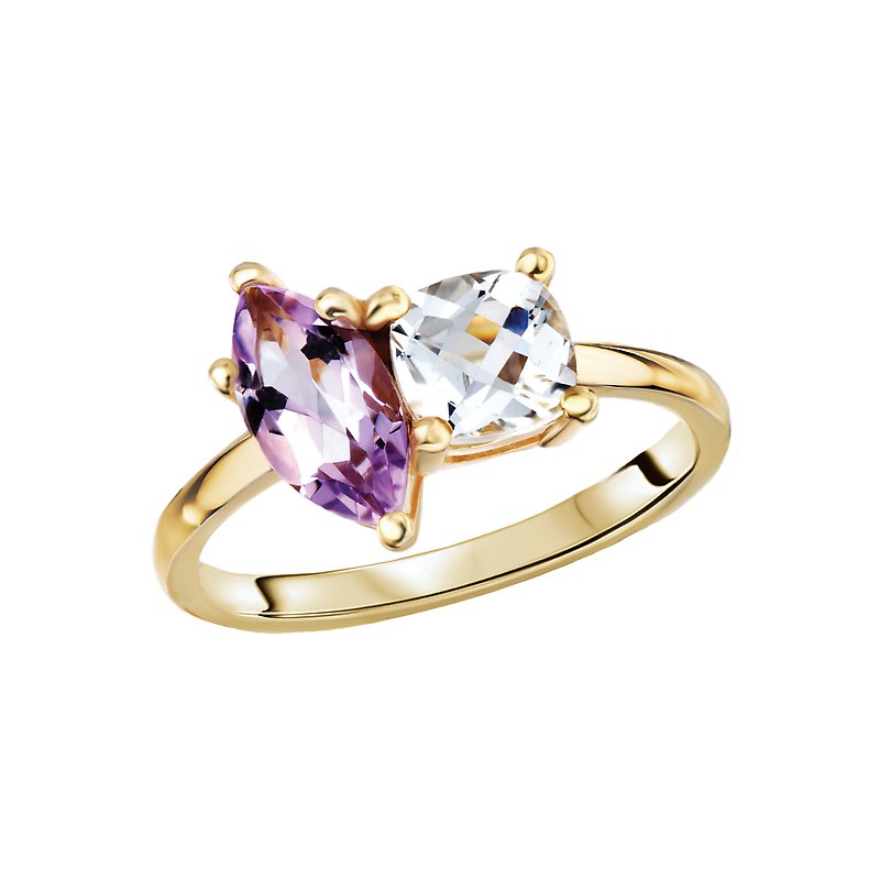 Luxora 14K Yellow Gold Ladies Fashion 3-Stone Gemstone Ring with Marquise Purple and Round Green Amethyst