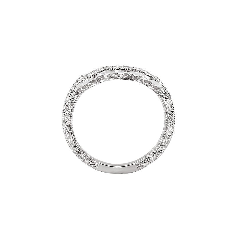 Orbelle Petite Curved Wedding Band in 14K White Gold with Milgrain and Engraving Detail
