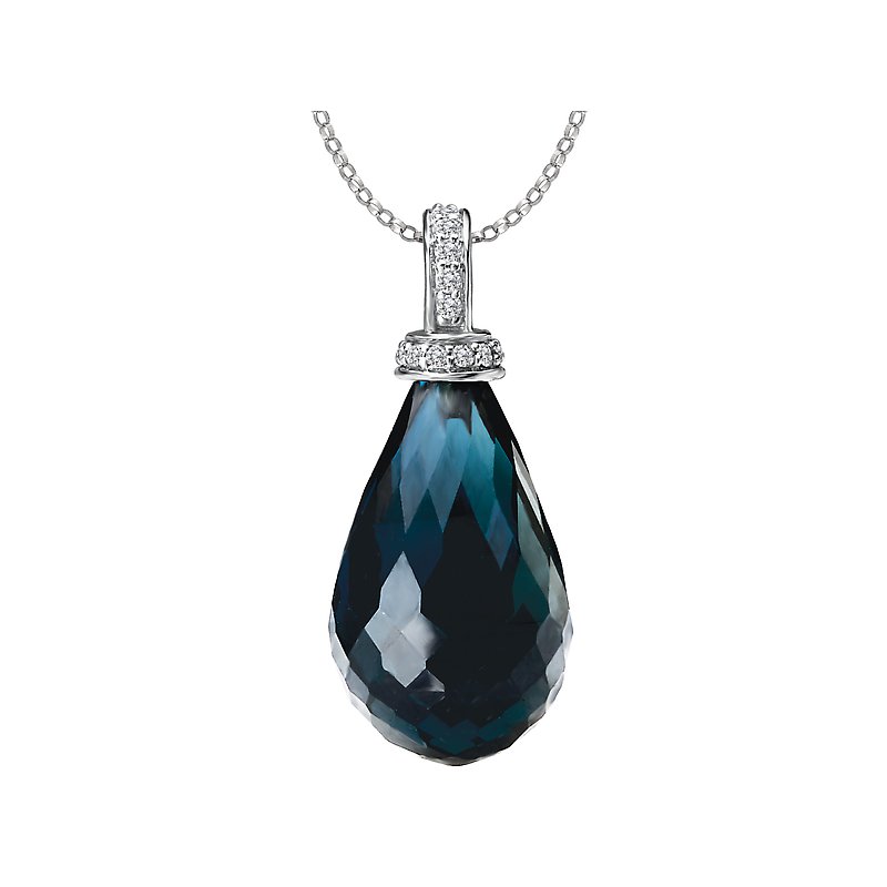 Luxora London Blue Topaz Briolette Pendant in 14K White Gold with Diamond Accent