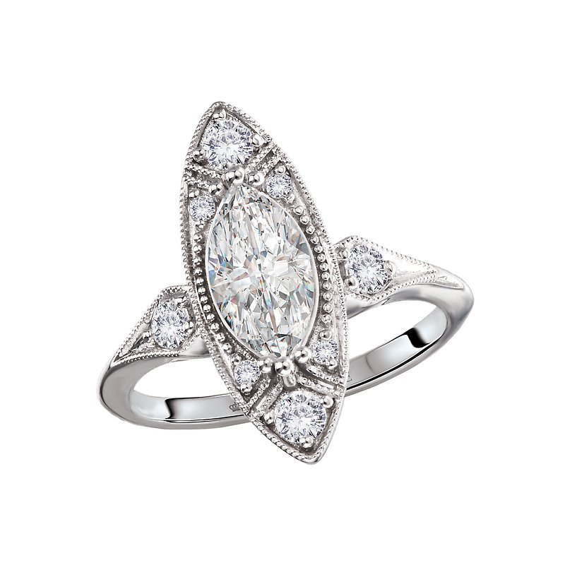 Vintage Style 14K White Gold Marquise Diamond Semi-Mount Engagement Ring
