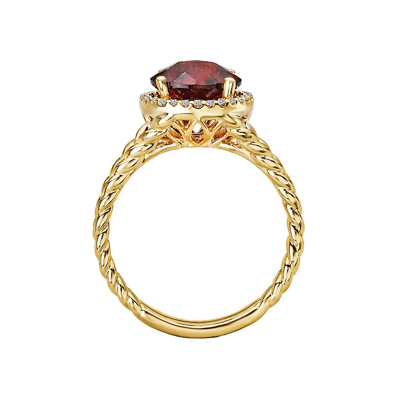 Luxora 14K Yellow Gold Halo Fashion Ring with Round Garnet and Diamond Accents