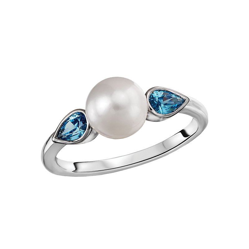 Luxora 14K White Gold Ladies Fashion Ring with Blue Topaz and Freshwater Pearl