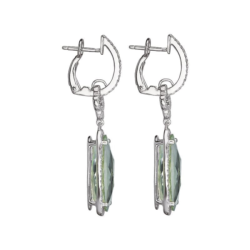 Luxora Green Amethyst and Diamond Drop Earrings in 14K White Gold