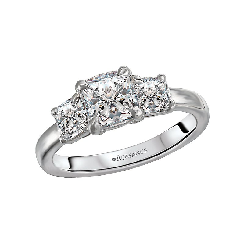 Orbelle 3 Stone Semi-Mount Lab Grown Diamond Ring | Cushion Shape | 14K White Gold