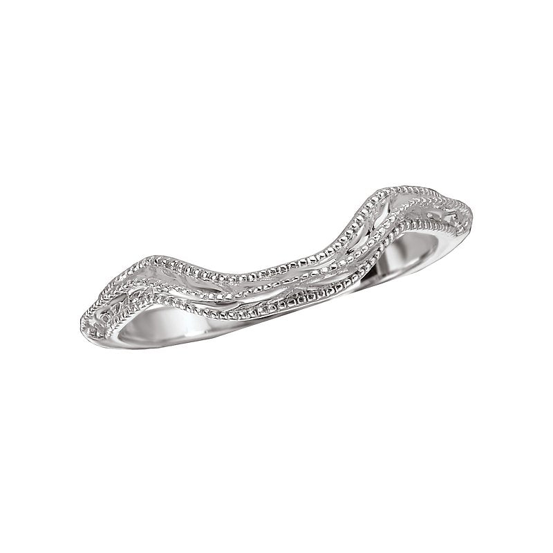Glemera Curved Wedding Band in 14K White Gold with Milgrain and Etching Design