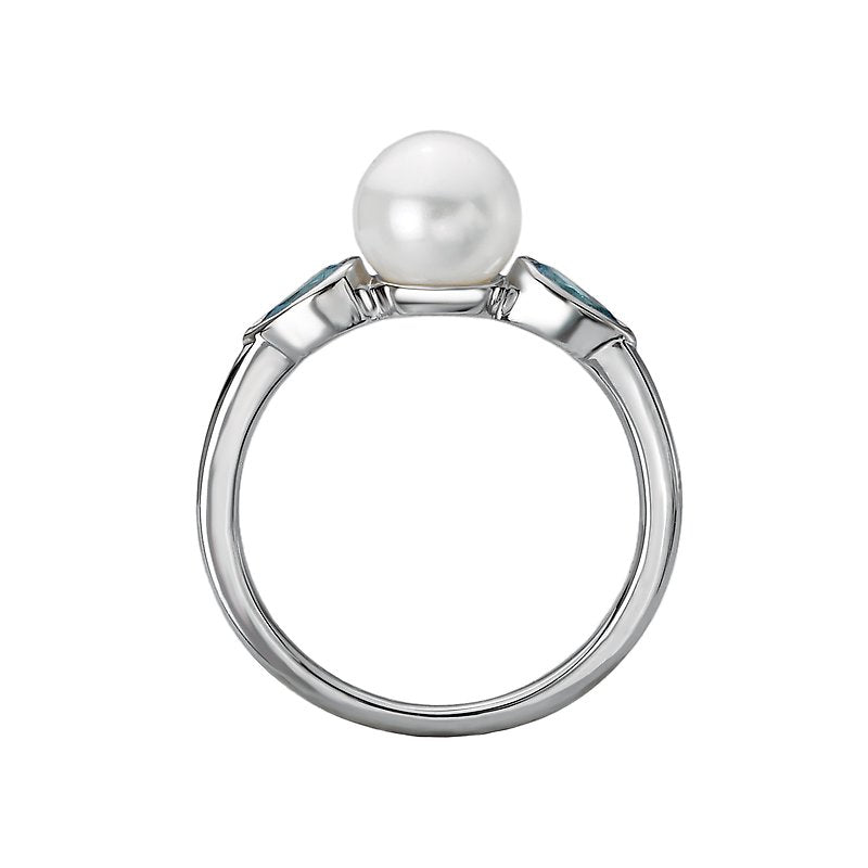 Luxora 14K White Gold Ladies Fashion Ring with Blue Topaz and Freshwater Pearl
