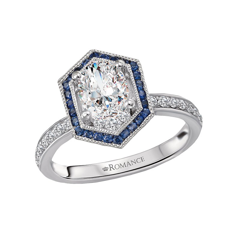 Orbelle Halo Semi Mount Diamond and Sapphire Ring in 14K White Gold