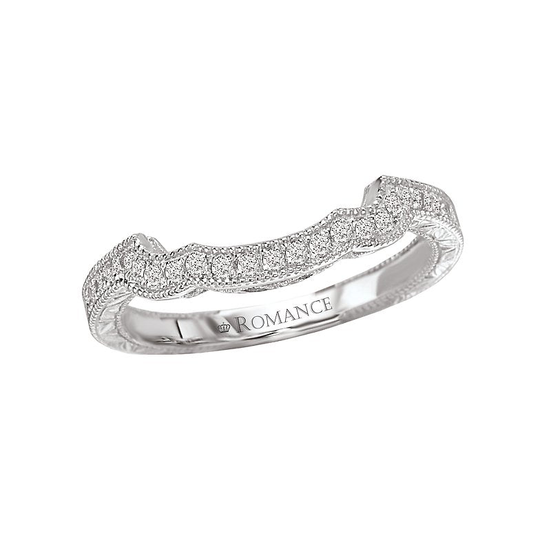 Orbelle Petite Curved Wedding Band in 14K White Gold with Milgrain and Engraving Detail