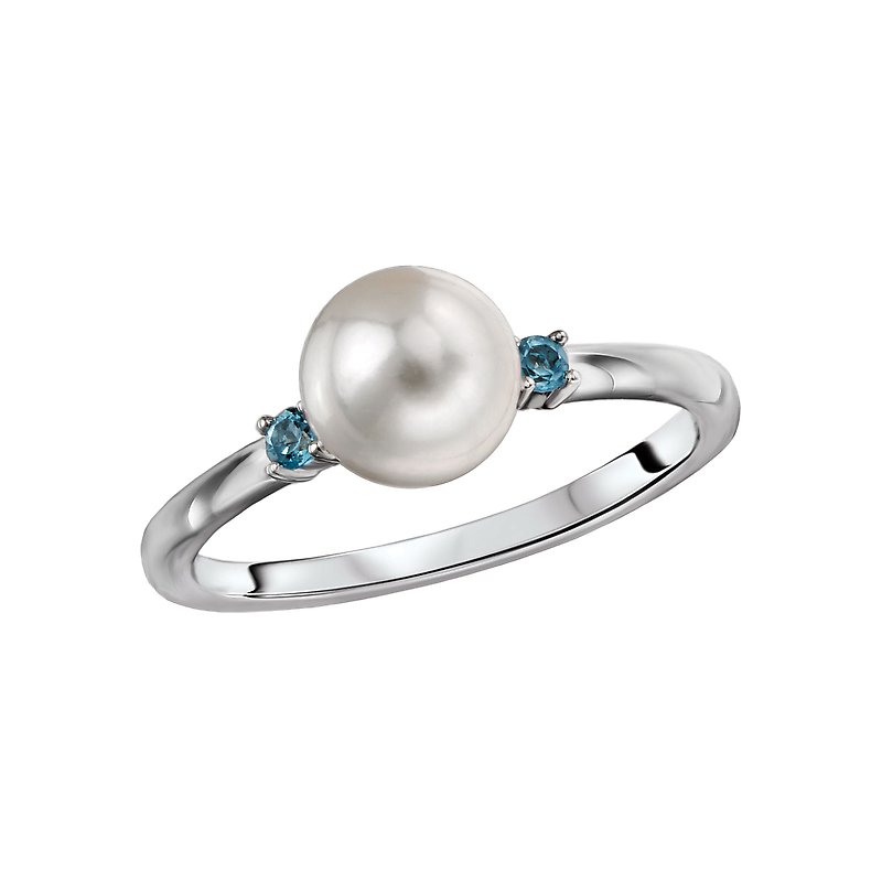Luxora Ladies Fashion Pearl Ring - 14K White Gold Band with Freshwater Pearl and Blue Topaz Stones