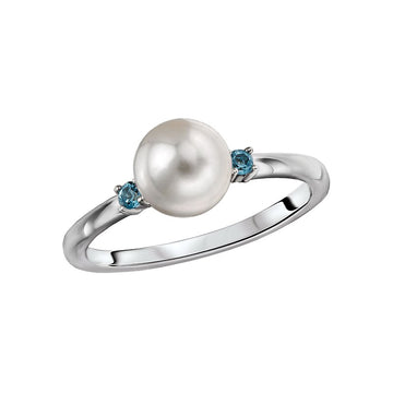 Luxora Ladies Fashion Pearl Ring - 14K White Gold Band with Freshwater Pearl and Blue Topaz Stones