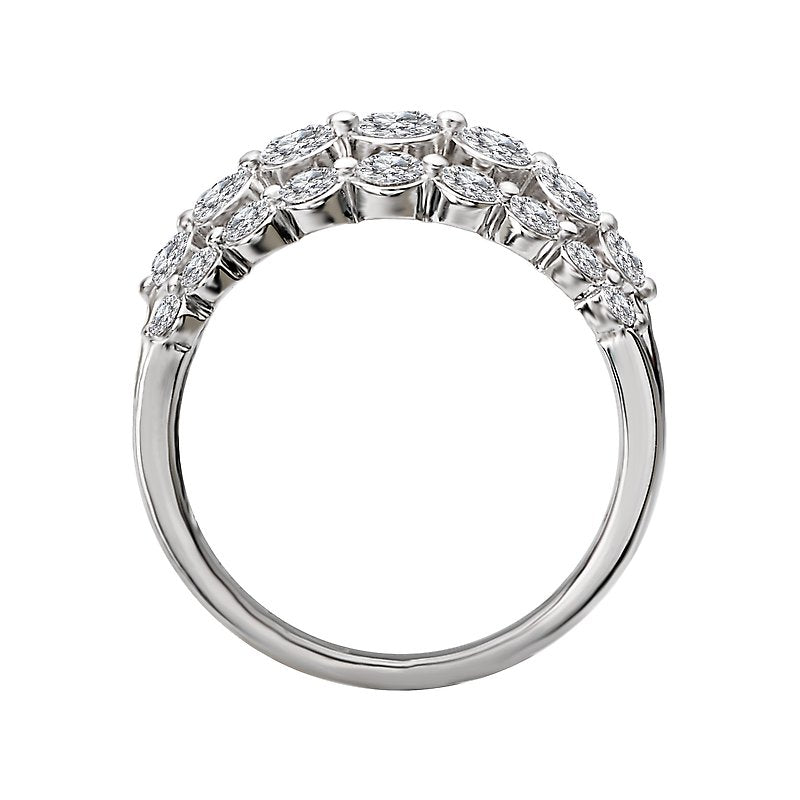 Luxora Classic 14K White Gold 3-Row Round Diamond Ladies Fashion Ring