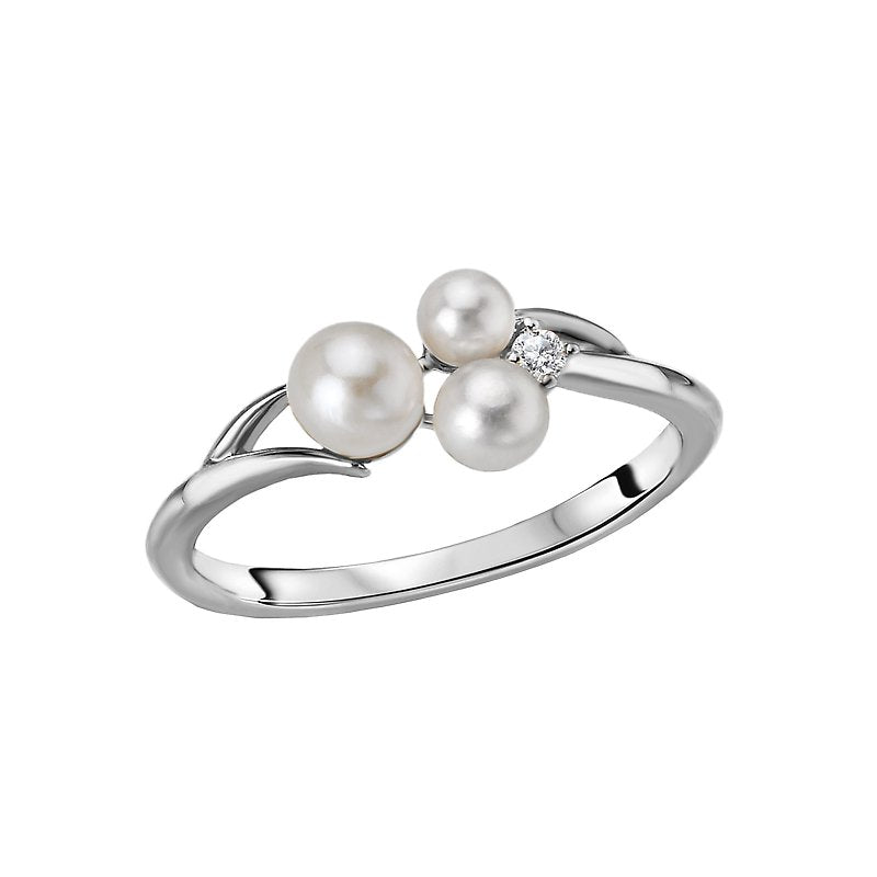 Luxora Classic 14K White Gold Ladies Fashion Pearl Ring with Diamond Accent