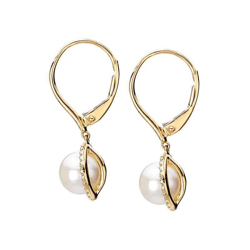 Luxora Freshwater Pearl and Diamond Earrings in 14K Yellow Gold