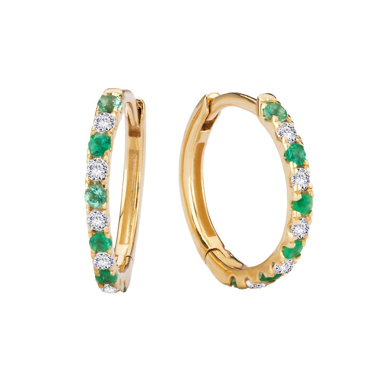 Luxora Diamond and Emerald Huggie Earrings in 14K Yellow Gold