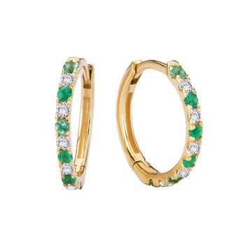Luxora Diamond and Emerald Huggie Earrings in 14K Yellow Gold