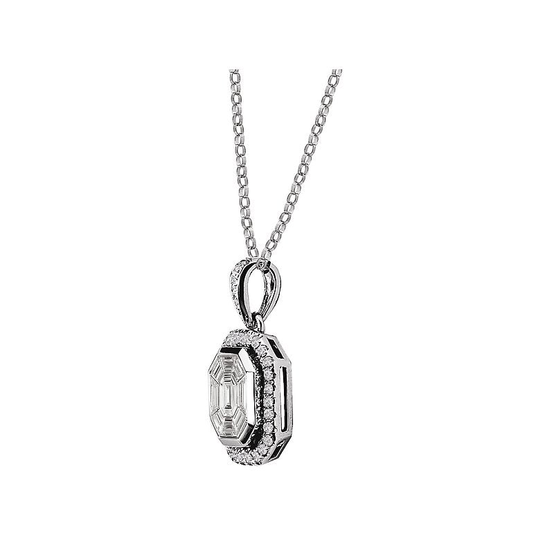 Luxora 14K White Gold Baguette and Round Diamond Pendant Necklace