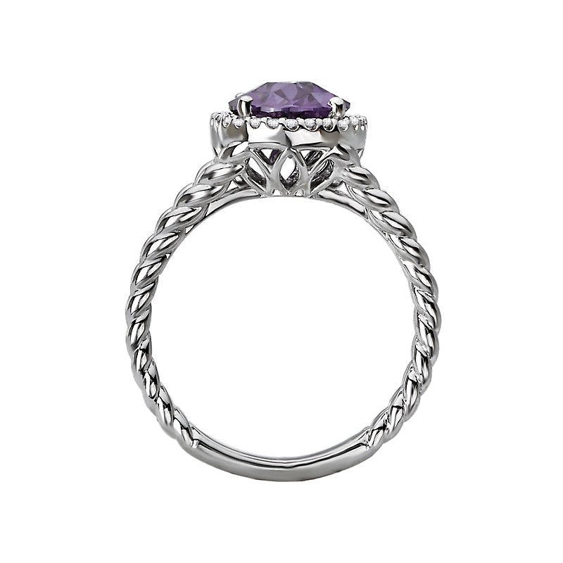 Luxora Ladies Fashion Amethyst and Diamond Halo Ring in 14K White Gold