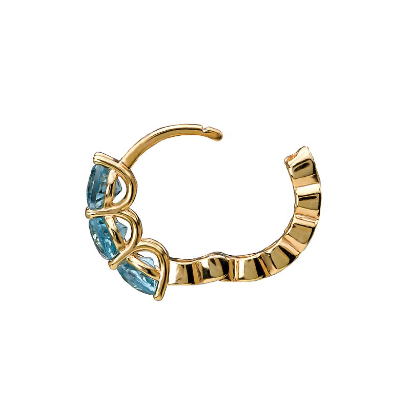 Luxora Three Stone Blue Topaz Hoop Earrings in 14K Yellow Gold