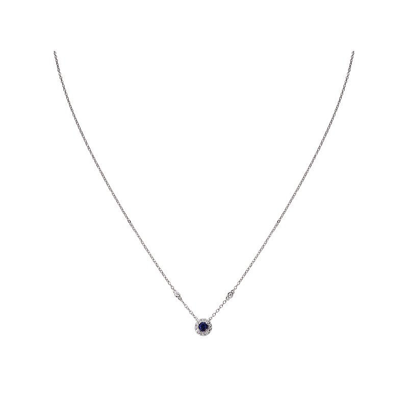 Luxora Diamond and Sapphire Pendant Necklace - 14K White Gold Round Halo Necklace