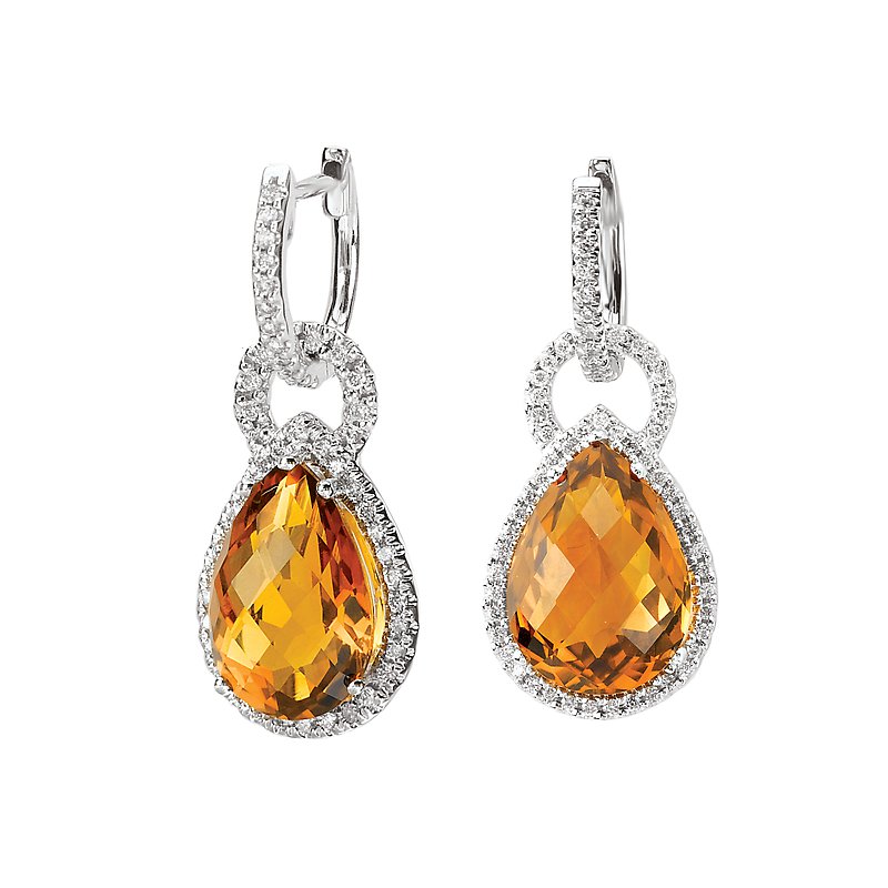 Luxora Citrine and Diamond Halo Earrings in 14K White Gold