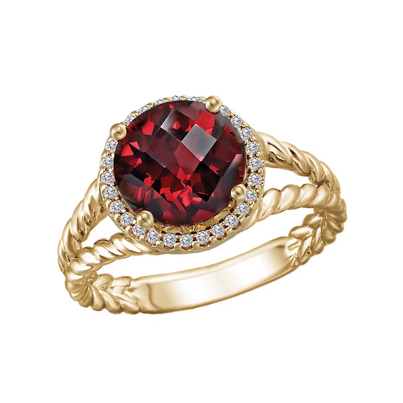 Luxora 14K Yellow Gold Halo Fashion Ring with Round Garnet and Diamond Accents
