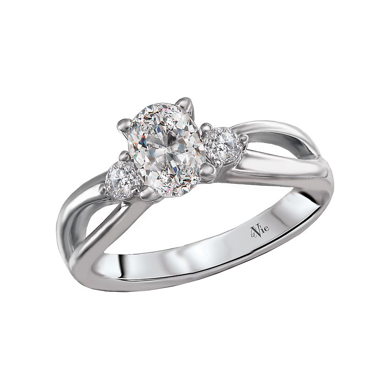 Glemera 3 Stone Semi-Mount Diamond Ring - 14K White Gold Oval Center Setting