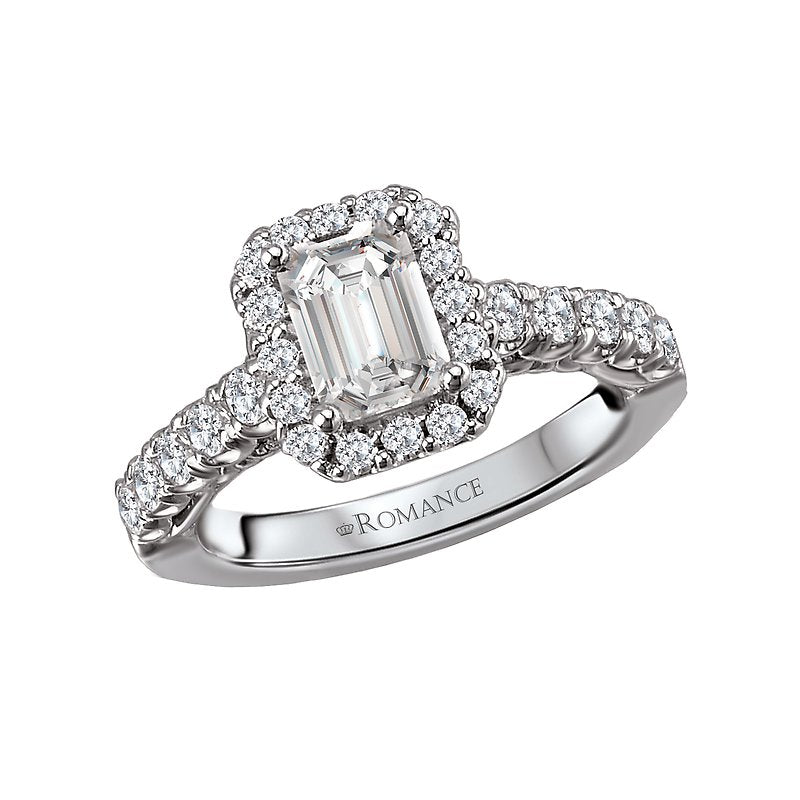 Orbelle Halo Diamond Ring Semi-Mount | 18K White Gold | Emerald Shape | 7x5mm Center Stone