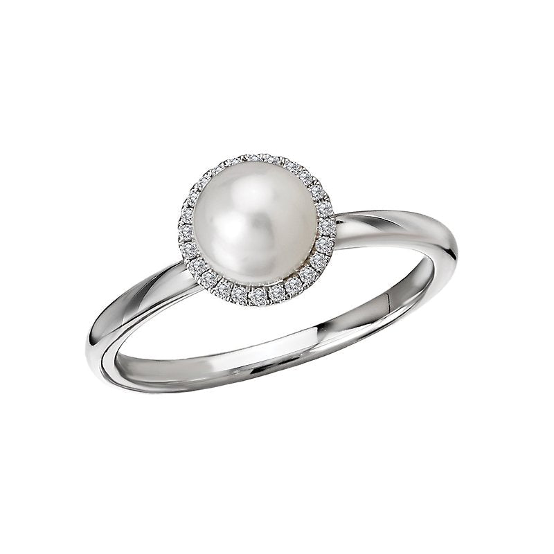 Luxora Ladies Fashion Ring - 14K White Gold Halo Diamond Pearl Ring