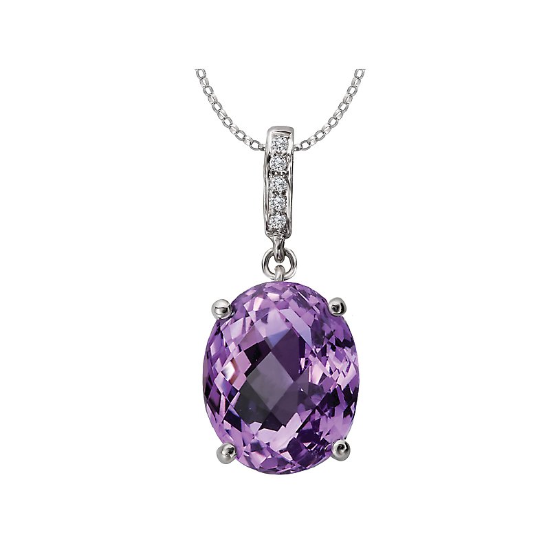 Luxora Oval Amethyst Gemstone Pendant in 14K White Gold with Round Diamond Accents