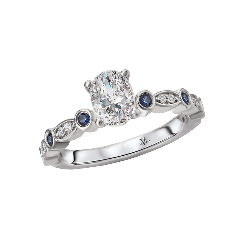 Glemera Diamond and Sapphire Oval Semi-Mount Engagement Ring in 14K White Gold