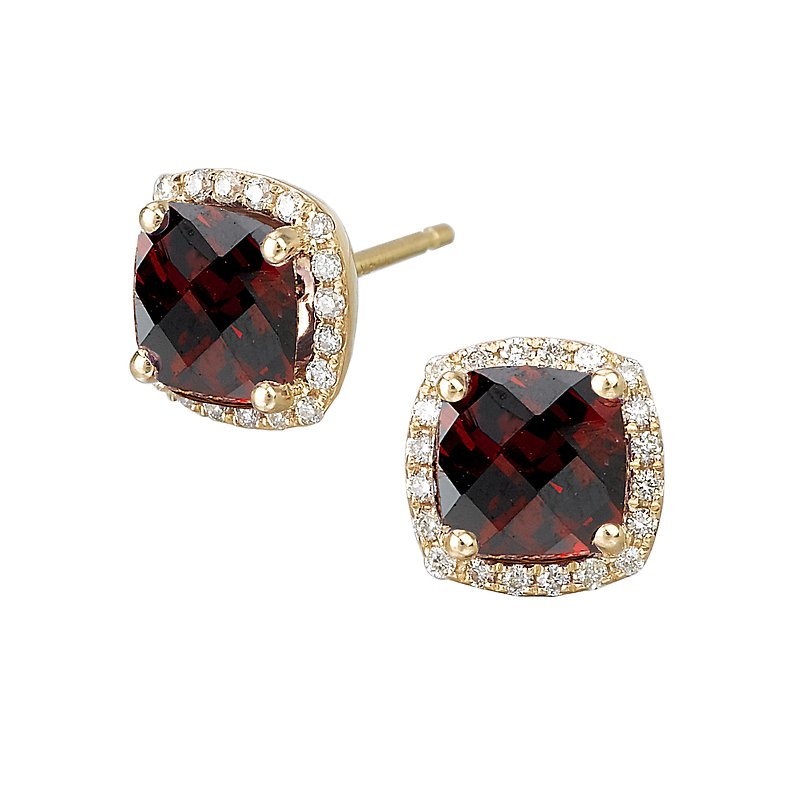 Luxora Cushion Garnet Earrings in 14K Yellow Gold with Diamond Halo