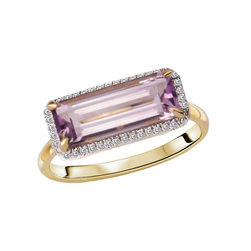 Luxora 14K Yellow Gold Ladies Fashion Halo Ring with Pink Amethyst and Diamond Accents
