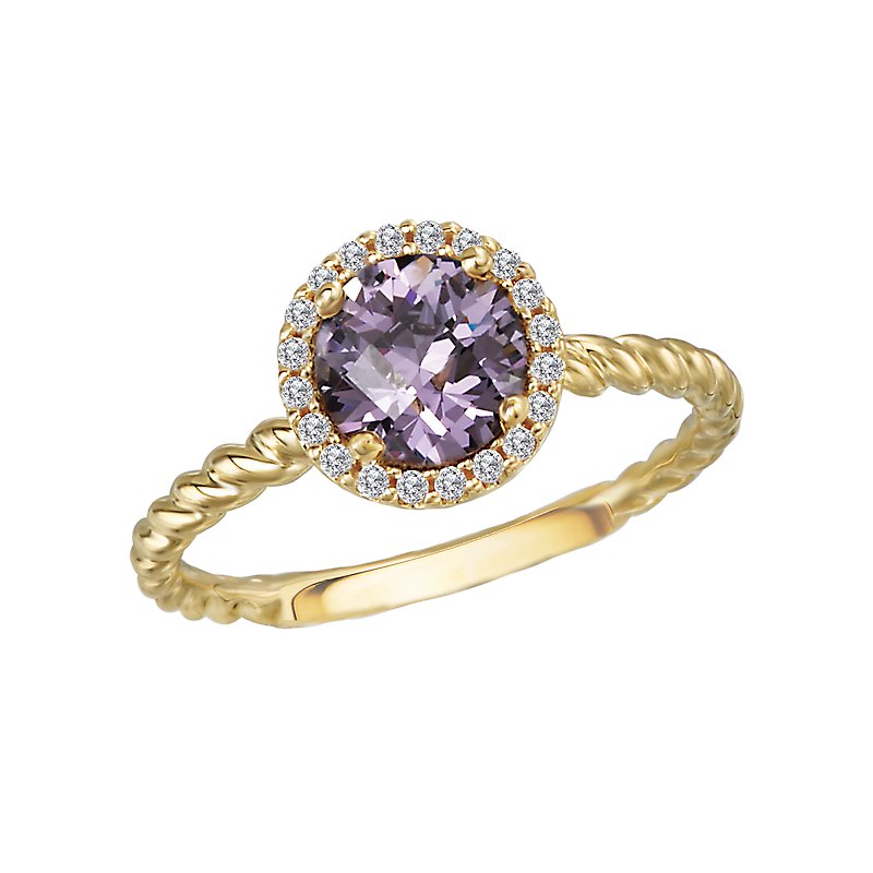 Luxora Ladies Fashion Amethyst Halo Ring in 14K Yellow Gold