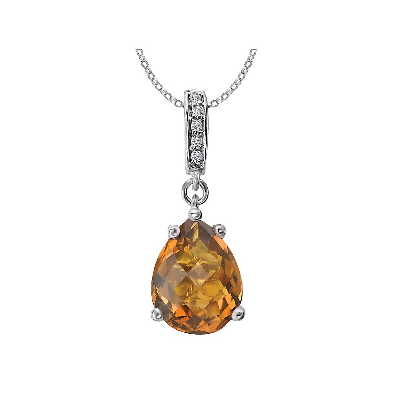 Luxora 14K White Gold Pear Shaped Citrine Gemstone Pendant with Diamond Accents
