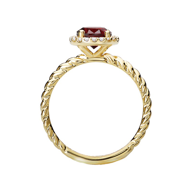 Luxora Ladies Fashion Garnet Halo Ring in 14K Yellow Gold