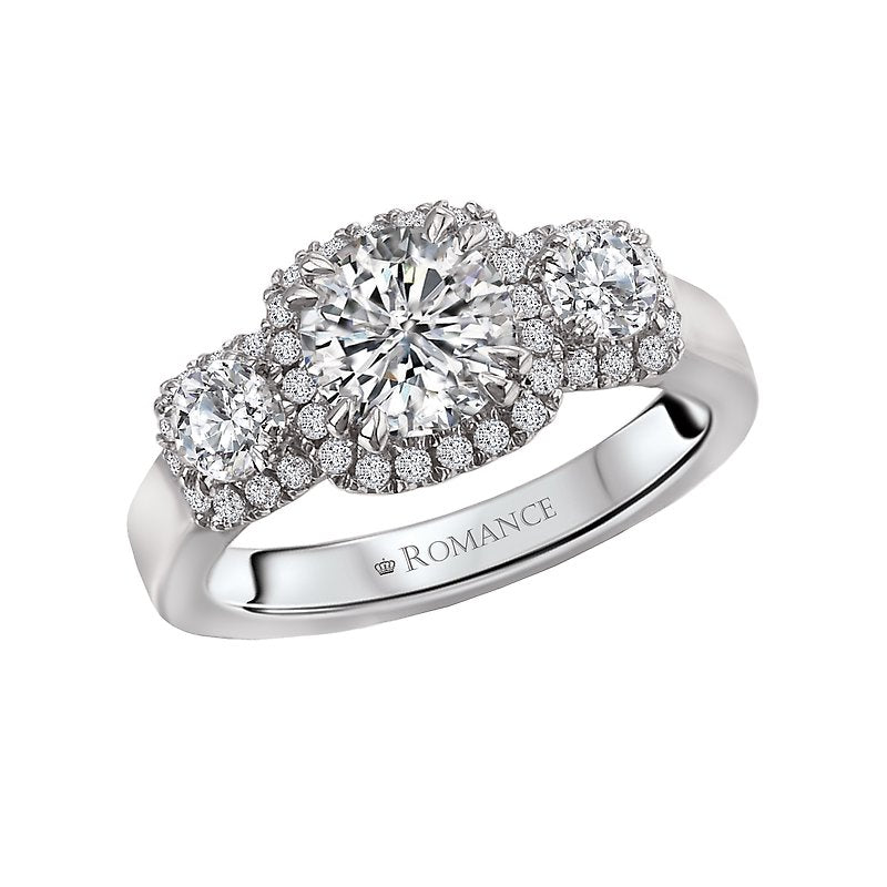 Orbelle 3 Stone Halo Diamond Ring Semi-Mount 18K White Gold