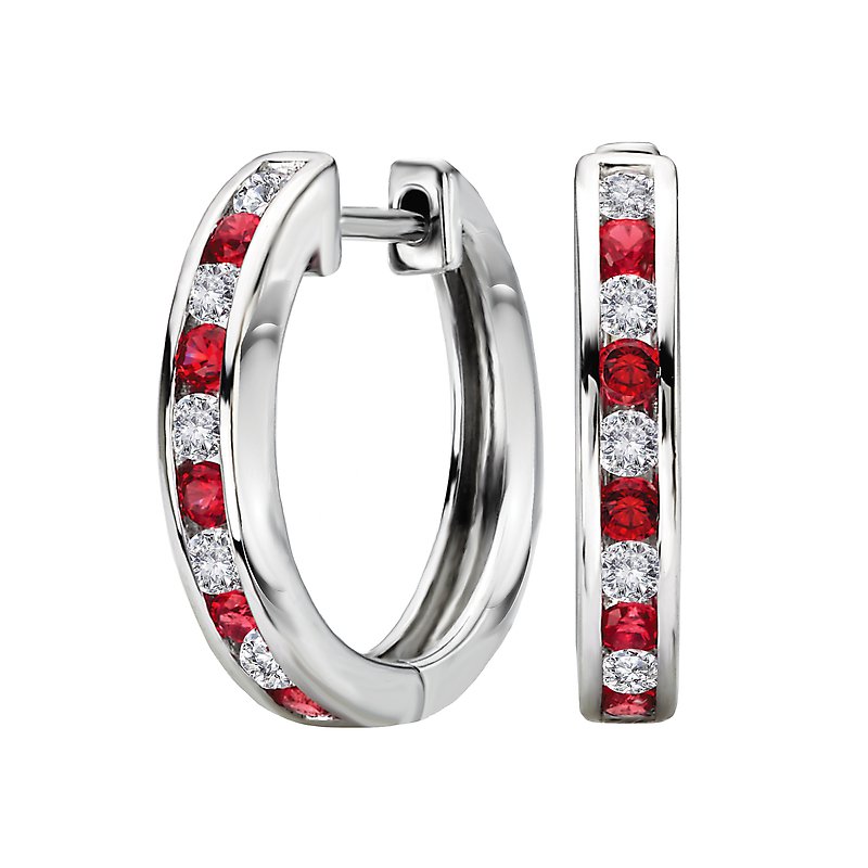 Luxora 14K White Gold Diamond and Ruby Hoop Earrings