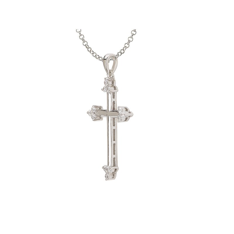 Luxora Diamond Cross Necklace - 14K White Gold Rollo Chain with Round Diamonds