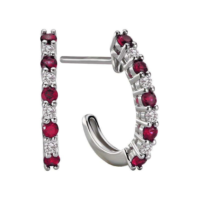 Luxora Diamond and Ruby Half Hoop Earrings in 14K White Gold